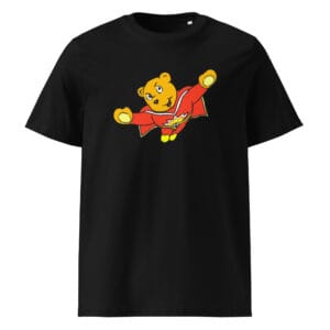 Funny retro cartoon t-shirt with flying superhero teddy bear in cape