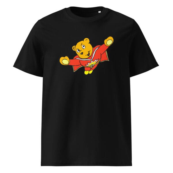Funny retro cartoon t-shirt with flying superhero teddy bear in cape