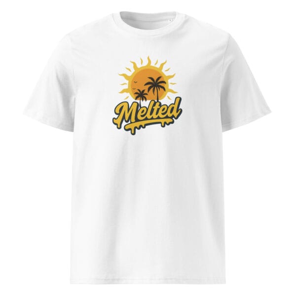 Funny festival t-shirt with melting cartoon sun and “Melted” text