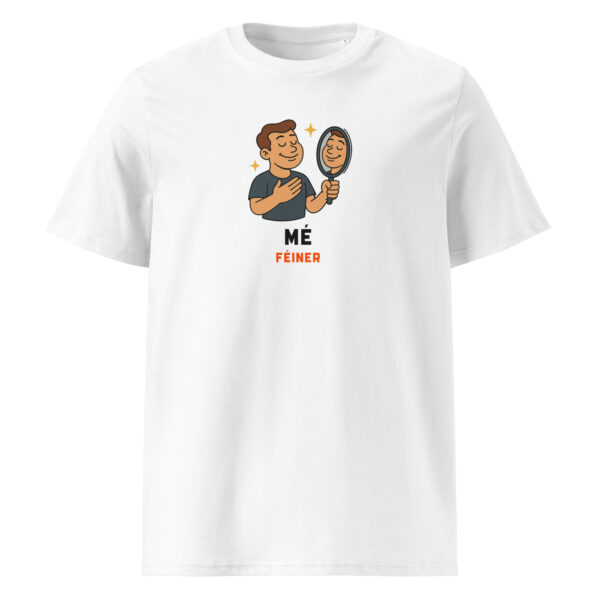 Funny Irish ego T-shirt with cartoon lad looking in mirror, white organic cotton shirt