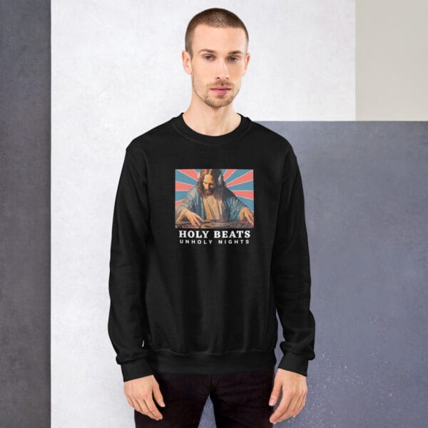Holy Beats Unholy Nights Jumper – Funny DJ Jesus Christmas Sweatshirt (Unisex) - Image 2