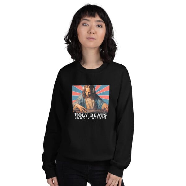 Holy Beats Unholy Nights Jumper – Funny DJ Jesus Christmas Sweatshirt (Unisex) - Image 3