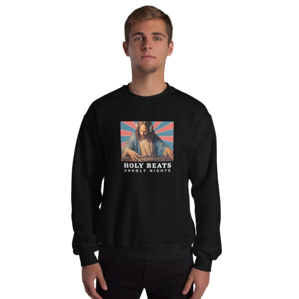 DJ Jesus on decks Christmas jumper with Holy Beats text