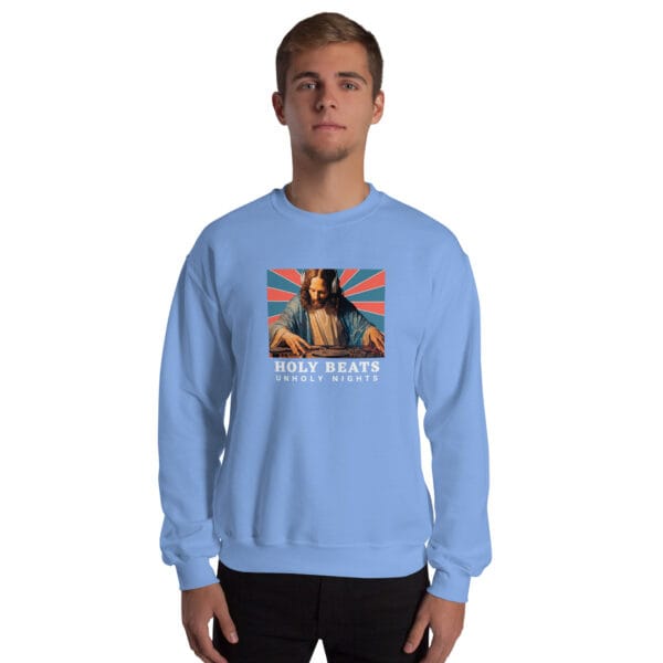 Holy Beats Unholy Nights Jumper – Funny DJ Jesus Christmas Sweatshirt (Unisex) - Image 12