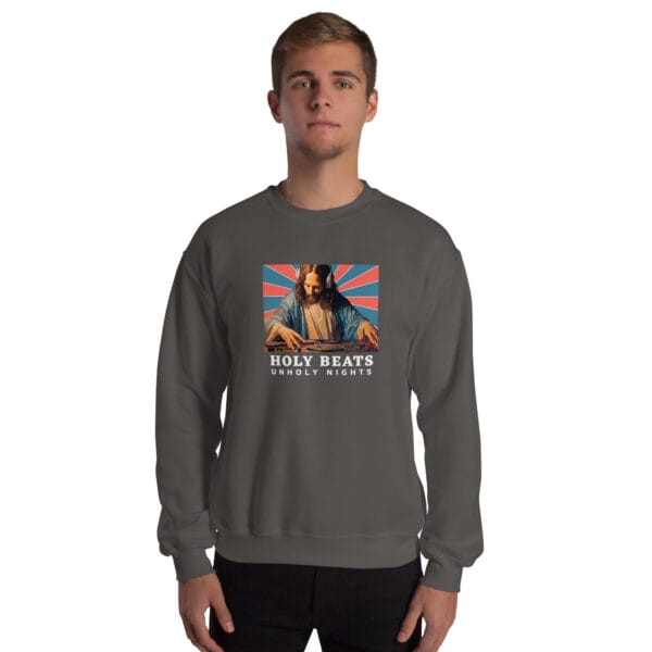 Holy Beats Unholy Nights Jumper – Funny DJ Jesus Christmas Sweatshirt (Unisex) - Image 10