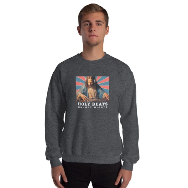 Holy Beats Unholy Nights Jumper – Funny DJ Jesus Christmas Sweatshirt (Unisex) - Image 8