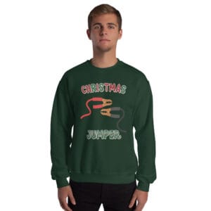 Christmas jumper with illustrated jumper cables and funny pun