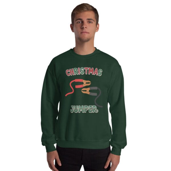 Christmas jumper with illustrated jumper cables and funny pun