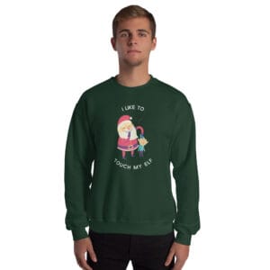 Cartoon Santa touching elf on rude Christmas jumper