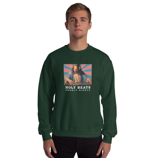 Holy Beats Unholy Nights Jumper – Funny DJ Jesus Christmas Sweatshirt (Unisex) - Image 6