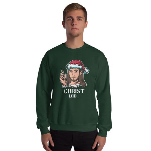 Cartoon Jesus in Santa hat with Christ Lad text on jumper