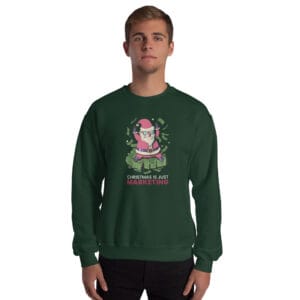 Santa throwing money on a funny anti-Christmas marketing jumper