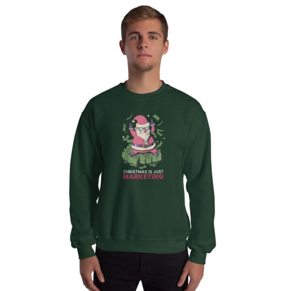 Santa throwing money on a funny anti-Christmas marketing jumper
