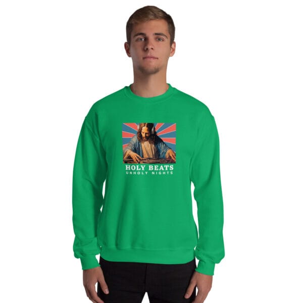 Holy Beats Unholy Nights Jumper – Funny DJ Jesus Christmas Sweatshirt (Unisex) - Image 11