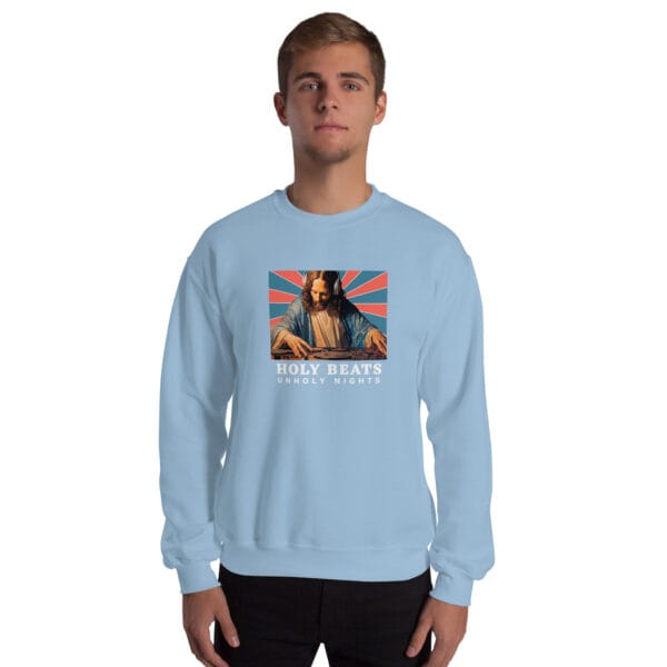 Holy Beats Unholy Nights Jumper – Funny DJ Jesus Christmas Sweatshirt (Unisex) - Image 13
