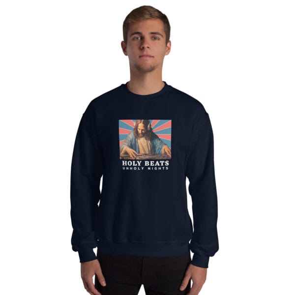 DJ Jesus on decks Christmas jumper with Holy Beats text