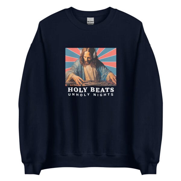Holy Beats Unholy Nights Jumper – Funny DJ Jesus Christmas Sweatshirt (Unisex) - Image 4