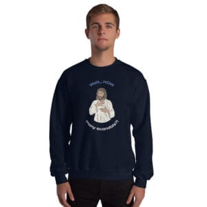 Shocked cartoon Jesus reacting to scandal on Irish satire jumper