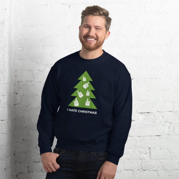 “I Hate Christmas” jumper with green hand gesture Christmas tree design