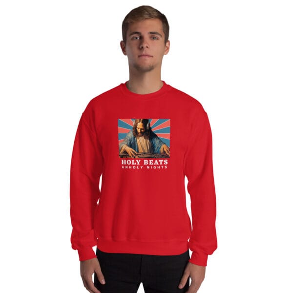 Holy Beats Unholy Nights Jumper – Funny DJ Jesus Christmas Sweatshirt (Unisex) - Image 7
