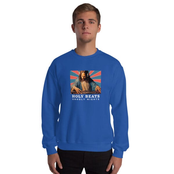 Holy Beats Unholy Nights Jumper – Funny DJ Jesus Christmas Sweatshirt (Unisex) - Image 9