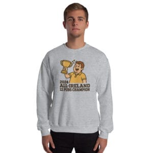 Christmas jumper with cartoon champion holding trophy