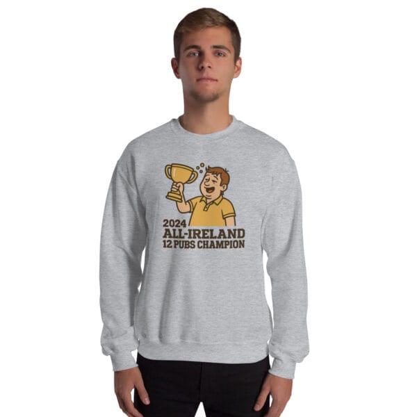 Christmas jumper with cartoon champion holding trophy