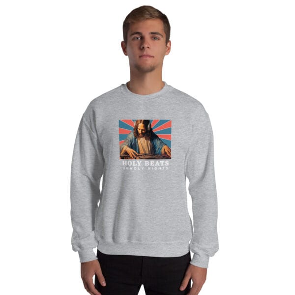 Holy Beats Unholy Nights Jumper – Funny DJ Jesus Christmas Sweatshirt (Unisex) - Image 14