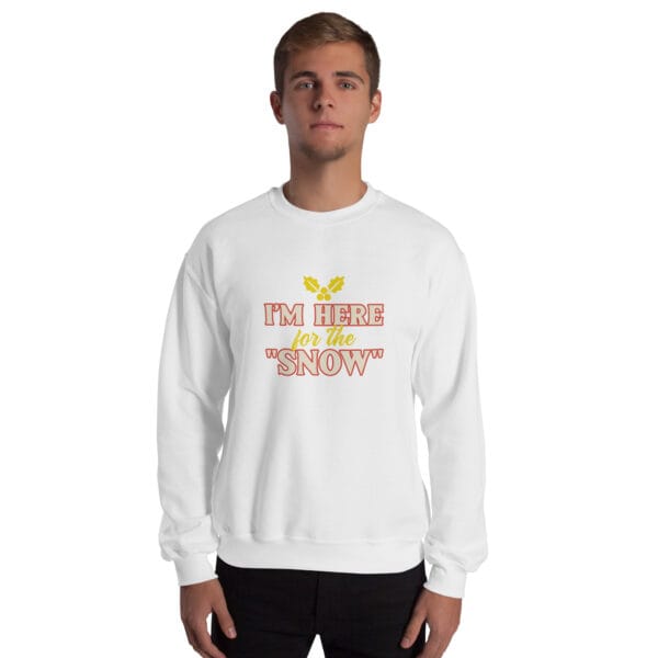 Subtle innuendo Christmas jumper with “I’m Here for the Snow” text