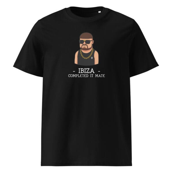 Funny Ibiza Final Boss t-shirt with “Completed It Mate” text for party and holiday wear