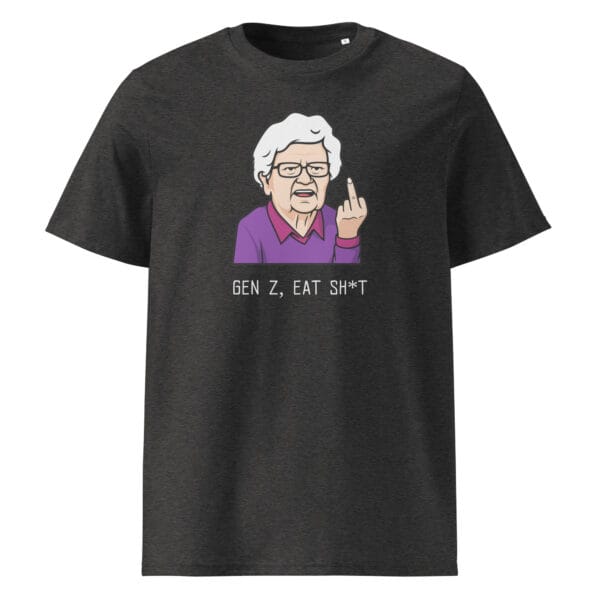 Funny Gen Z t-shirt with cartoon elderly woman flipping the bird and sarcastic text